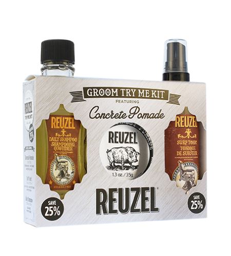 REUZEL Concrete Try Me Kit dárková sada Daily Shampoo 100 ml + Concrete Hold Matte Pomade 35g + Surf Tonic 100 ml