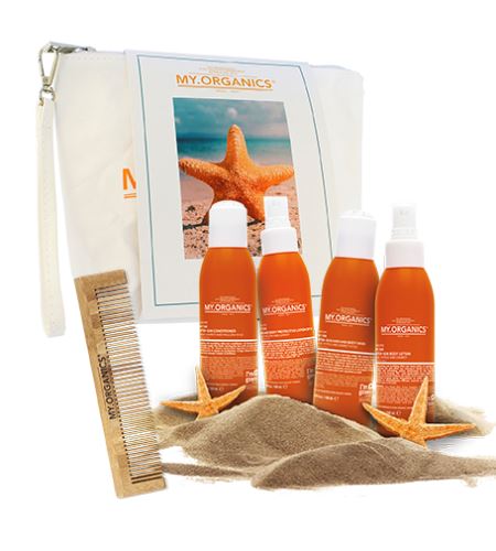 MY.ORGANICS My.Tan cestovní sada After-Sun Hair & Body Wash 100 ml + After-Sun Conditioner 100 ml + After-Sun Body Lotion 100 ml + Hair & Body Protective Lotion SPF 15 100 ml + bambusový hřeben + kosmetická taštička