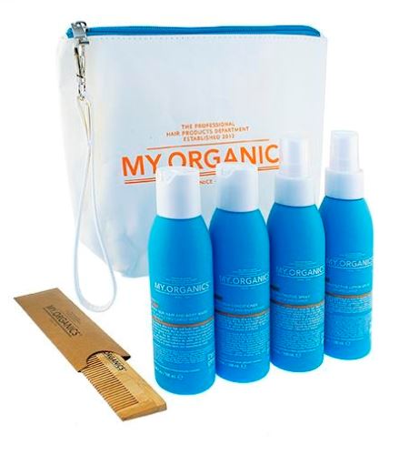 MY.ORGANICS My.Tan Kit cestovní sada Body Protective Lotion SPF 35 100 ml + Hair Protective Spray 100 ml + After-Sun Hair & Body Wash 100 ml + After-Sun Conditioner 100 ml + kosmetická taštička + bambusový hřeben