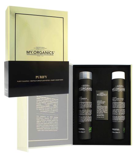MY.ORGANICS Purify Deluxe dárková sada šampon proti vypadávání vlasů + kondicionér proti vypadávání vlasů + vlasový elixír 30 ml